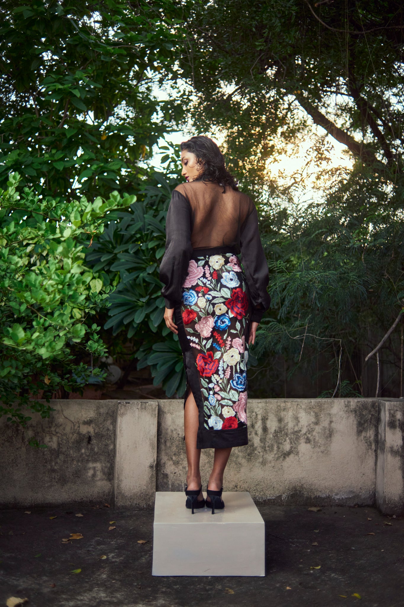 Black Floral Embroidered Sheer Pencil Skirt