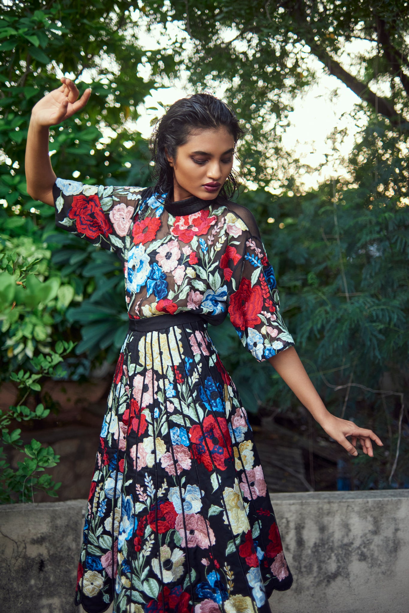 Black Floral Embroidered Petal Skirt