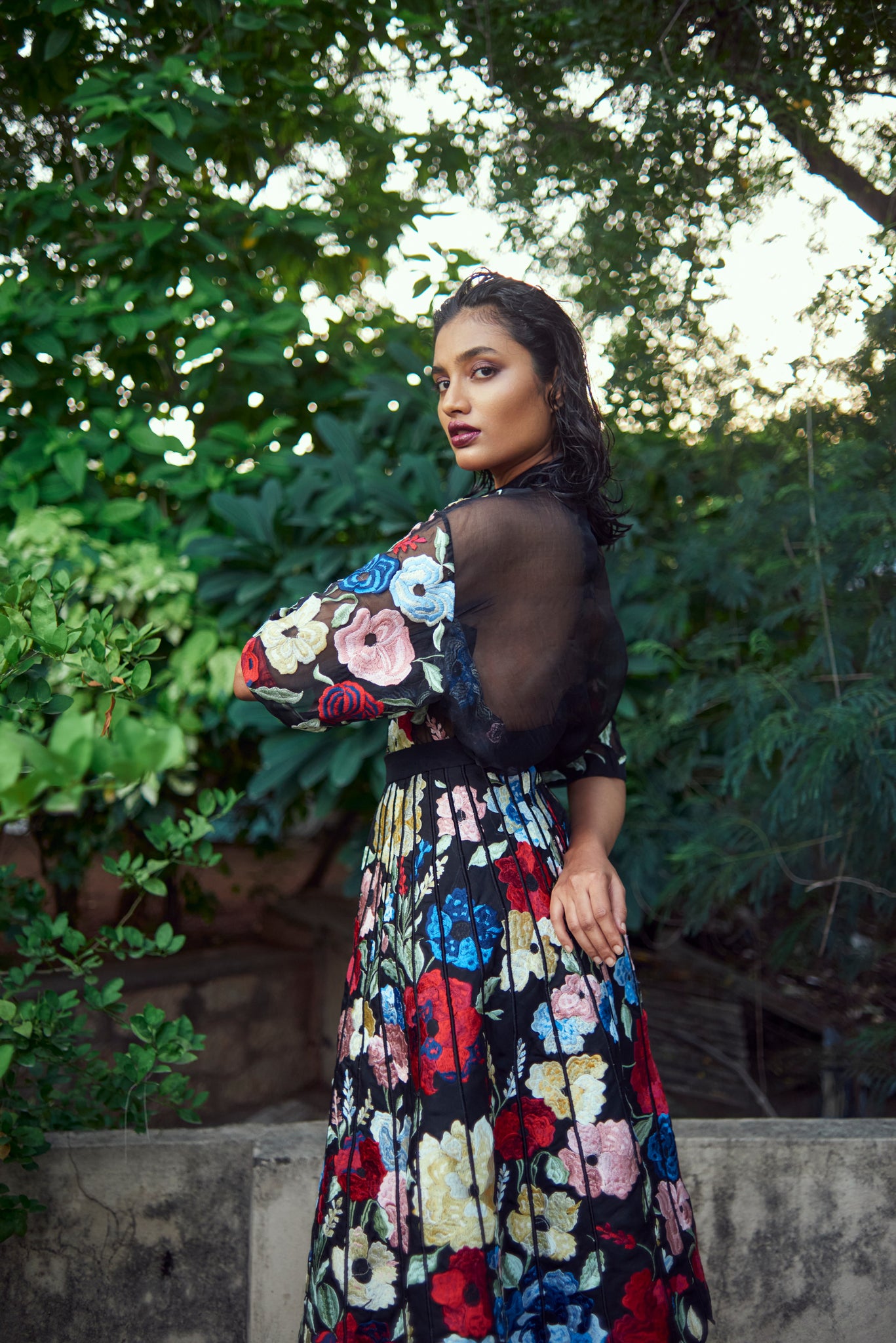 Black Floral Embroidered Sheer Shirt (Unisex)