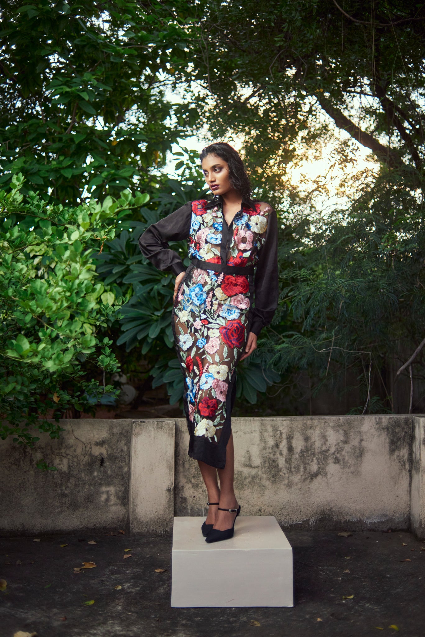 Black Floral Embroidered Sheer Shirt