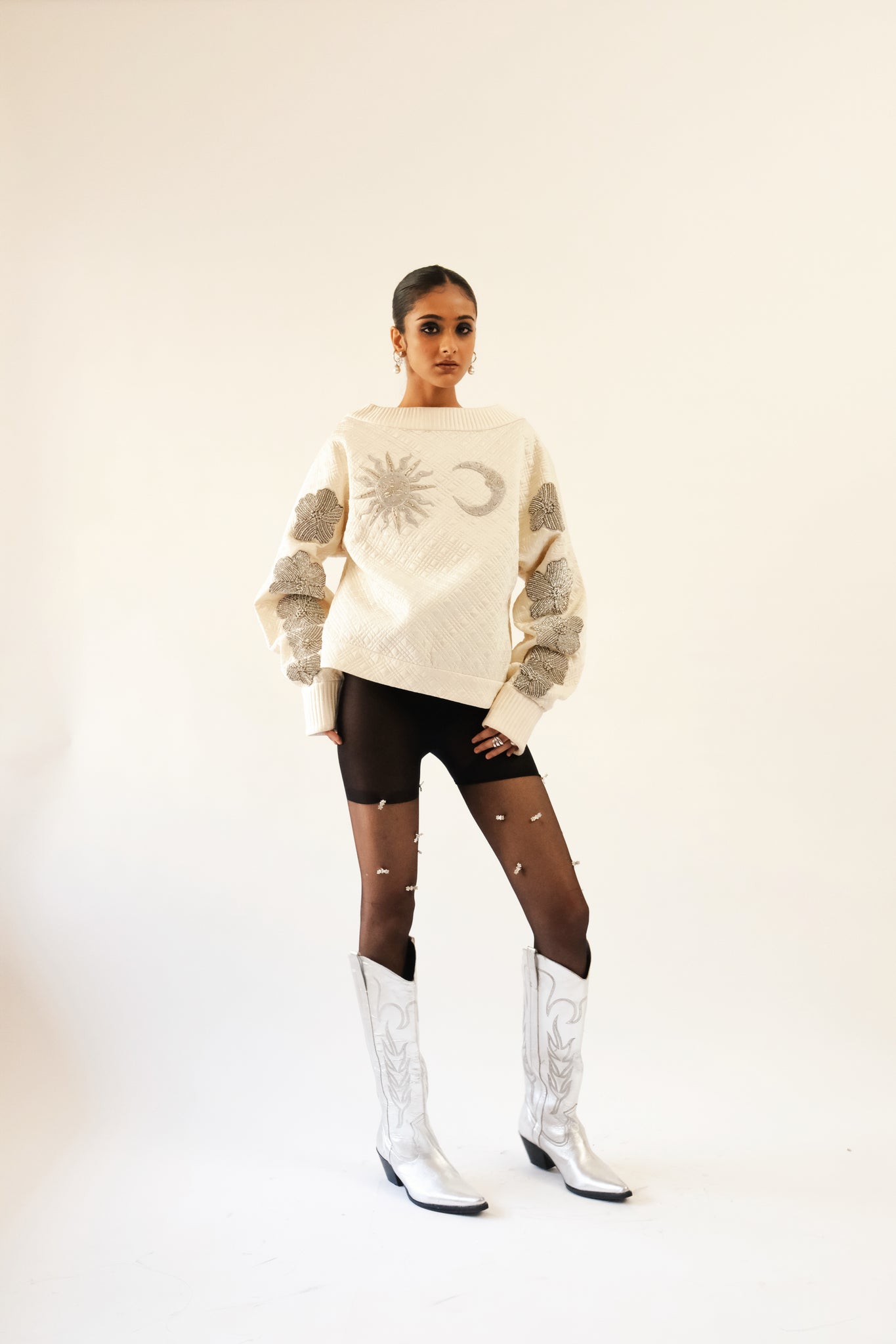 White Quilted & Embroidered Sweatshirt (Unisex)