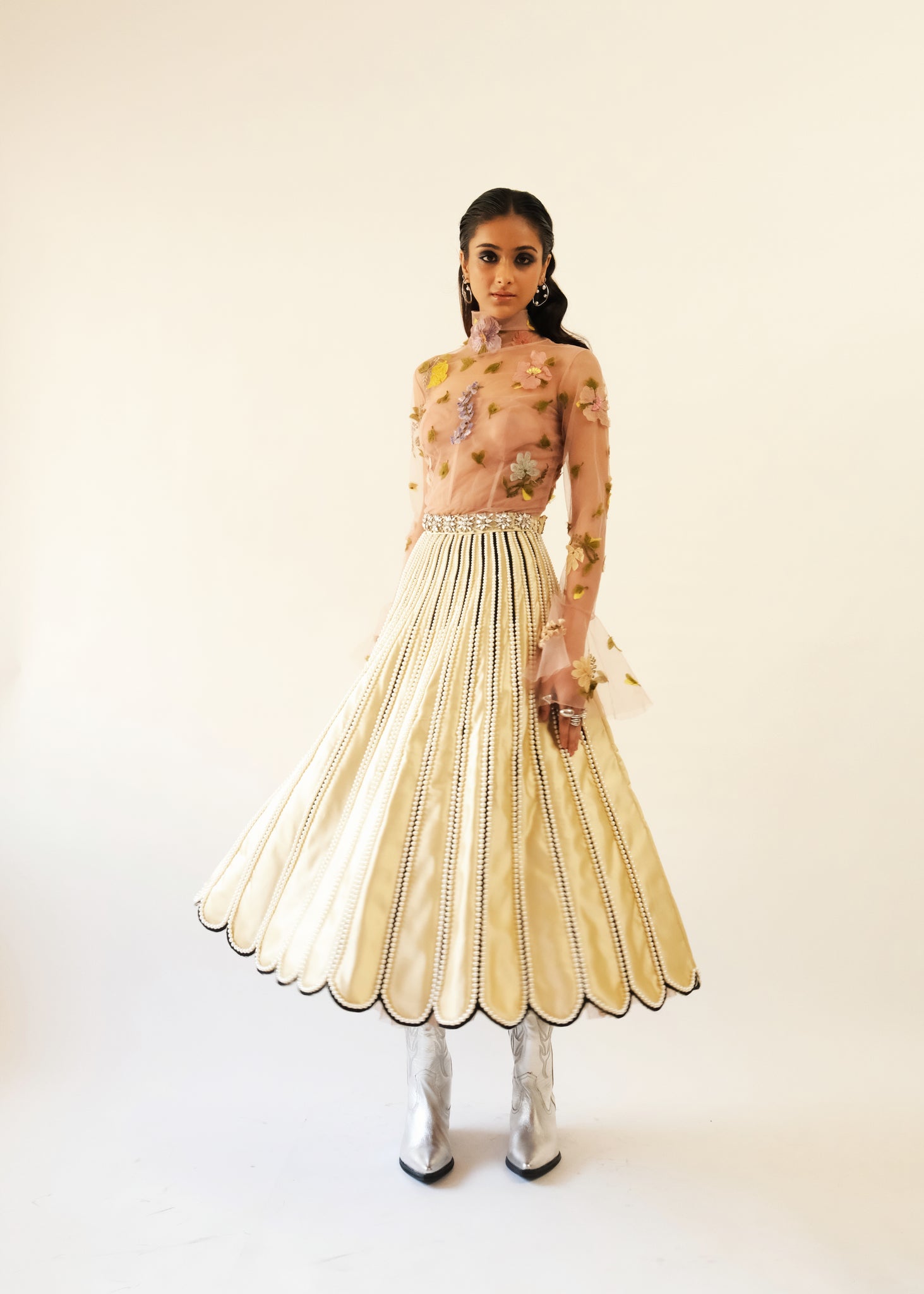 Gold Pearl Embroidered Petal Skirt