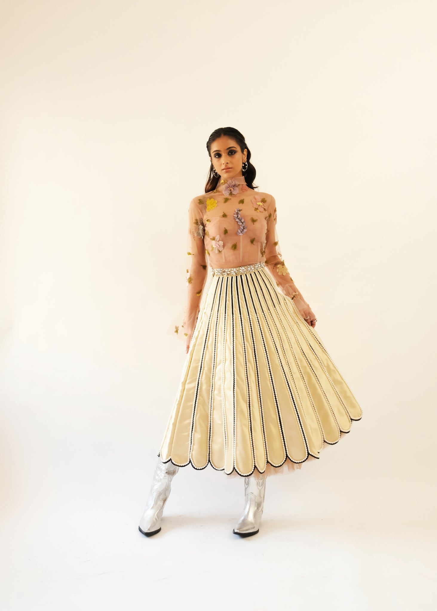 Gold Pearl Embroidered Petal Skirt