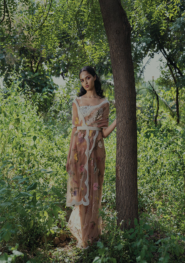 Pearl embroidered pressed flower Saree, Leather pearl Bustier & Pearl Belt