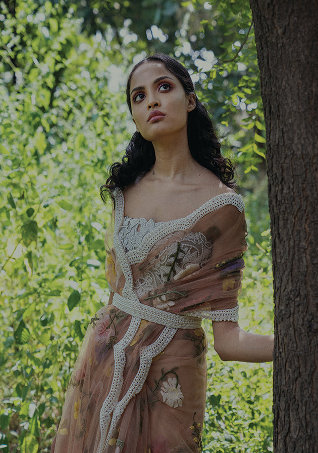 Pearl embroidered pressed flower Saree & Leather pearl Bustier